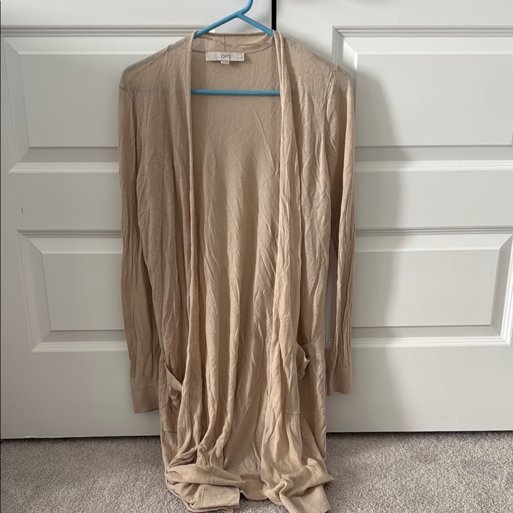 LOFT Tan Cardigan Sweater with Open Front Design